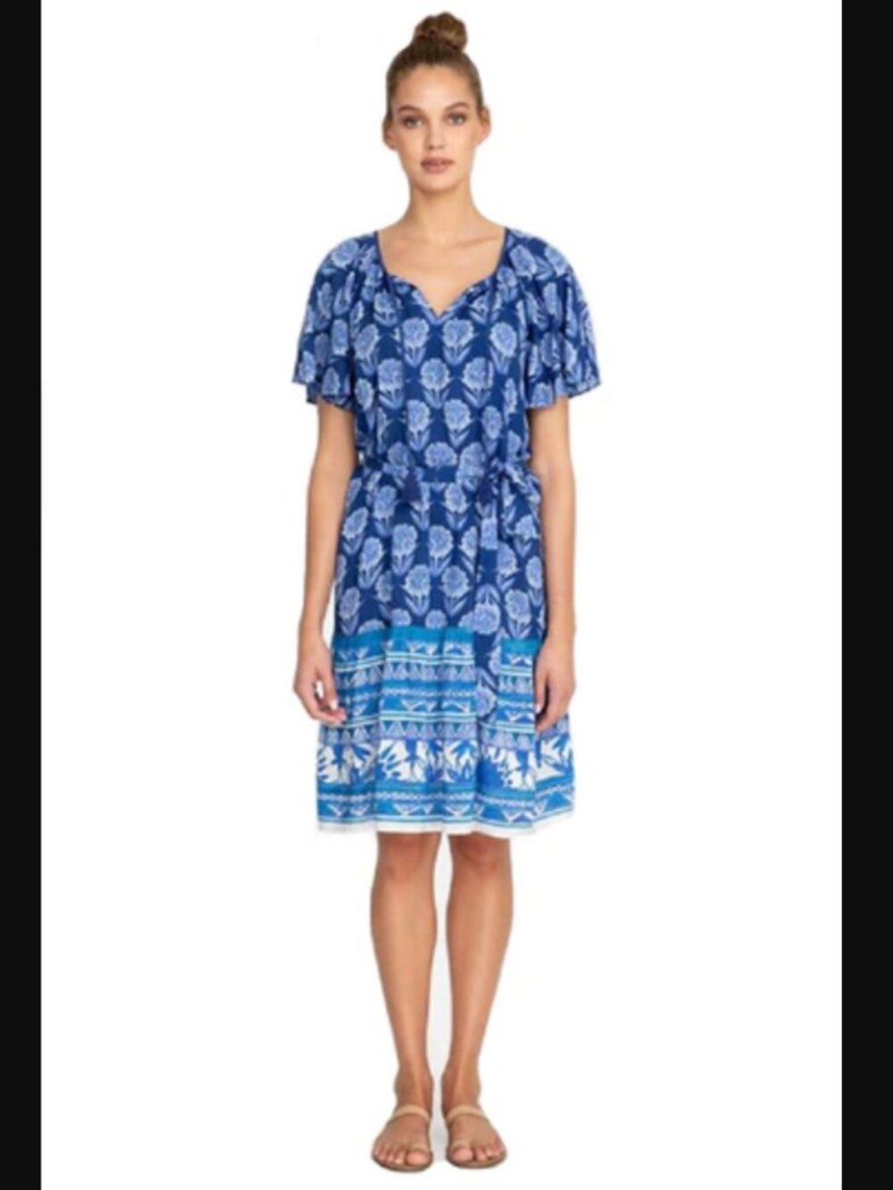 Johnny Was Navy & Light Blue Floral Tiered Mini Dress